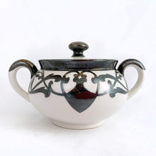 Load image into Gallery viewer, Vintage white porcelain with silver overlay creamer and covered sugar bowl in the art nouveau style. Produced by Limoges Bernardaud (B&Co) France, circa 1940. In excellent condition, free from chips/cracks/repairs. Sugar measures 4 x 3 1/2 inches Creamer measures 3 1/2 x 3 inches (not incl. handles)