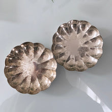 Load image into Gallery viewer, Sweet vintage silver plate scalloped shaped dish beautifully engraved with a pattern of shells and hearts. Marked EP Copper along with a shield with an "R" for Roden Bros. Ltd. The perfect piece to brighten up a vanity table to hold trinkets, in a powder room to display fancy soaps or in an entryway filled with treats. In good vintage condition. Measures 4" x 1/2"