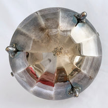 Load image into Gallery viewer, Beautiful vintage EPNS silver plated basket with pierced detail band on a rosette bottomed bowl with three feet and handle. Produced by JT & Co., Sheffield England. In good vintage as found condition. Marked on the bottom "MADE IN ENGLAND, JT&CO. EPNS 2017. Measures 5-7/8" x 2-1/4" (5-1/2" w/ handle upright)