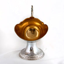 Load image into Gallery viewer, This vintage silver plated sugar scuttle and scoop set, embossed with roses, flowers, leaves and scroll details No 540. It's just a beautiful vessel for sugar cubes or bath salts. Produced by Leonard Manufacturing Ltd. in Japan. In good vintage condition. In original box. Measures approx. 6-1/4" x 3.5" x 6"