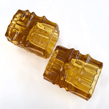 Load image into Gallery viewer, Jacks Daughter of All Trades Vintage Antique Mid-Century Kitsch Store Shop Reseller Etsy Shopify Toronto Canada Free Porch Pick Up Local Delivery Worldwide Shipping Judy Weinberg Unique Housewarming Gift Sustainable Gift Wedding Gift Home Decor Collectible Collector Gift mid mod Lodge Industrial pair brutalist style amber candle holders tapers votive candles artisan Vladislav Urban Sklo Union Rosice Glassworks Czechoslovakia 1960s