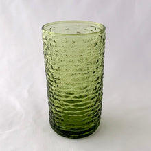 Load image into Gallery viewer, Vintage pressed glass avocado green "Soreno" highball glass tumbler. A great colour with a textured bark-like surface to add to your tableware. Produced by Anchor Hocking between 1966–1970. In excellent condition, no chips or cracks. Measures 2 3/4 x 5 inches Capacity 12 ounces