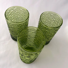 Load image into Gallery viewer, Vintage pressed glass avocado green "Soreno" highball glass tumbler. A great colour with a textured bark-like surface to add to your tableware. Produced by Anchor Hocking between 1966–1970. In excellent condition, no chips or cracks. Measures 2 3/4 x 5 inches Capacity 12 ounces