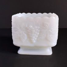 Load image into Gallery viewer, Vintage square white milk glass footed planter in their lovely 'Grape and Leaf' pattern. Produced by the Westmoreland Glass Company, circa 1960s. Perfect for cottage, farmhouse, shabby chic or wedding decor. In excellent condition, no chips or cracks. Size: 4.5" x3.75"