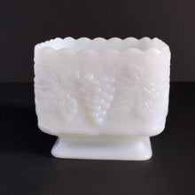 Load image into Gallery viewer, Vintage square white milk glass footed planter in their lovely 'Grape and Leaf' pattern. Produced by the Westmoreland Glass Company, circa 1960s. Perfect for cottage, farmhouse, shabby chic or wedding decor. In excellent condition, free from chips/cracks. Measures 4 1/2 x 3 3/4 inches