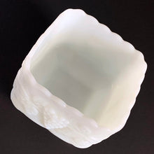 Load image into Gallery viewer, Vintage square white milk glass footed planter in their lovely 'Grape and Leaf' pattern. Produced by the Westmoreland Glass Company, circa 1960s. Perfect for cottage, farmhouse, shabby chic or wedding decor. In excellent condition, free from chips/cracks. Measures 4 1/2 x 3 3/4 inches
