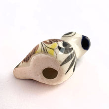 Load image into Gallery viewer, Beautiful Mexican Tonala miniature folk art pottery duck bird figurine. This hand painted figurine is white with a nicely detailed face in black and blue with the body in yellow, blue and brown florals. Signed "MEX".  In excellent condition, no chips or cracks.  Measures approximately 1" x 1-1/2" x 1-1/4" tall