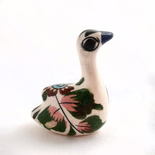 Load image into Gallery viewer, Beautiful Mexican Tonala miniature folk art pottery swan bird figurine. This hand painted figurine is white with a nicely detailed face in black and blue with the body in pink, blue, green and brown florals. Signed "MEX". In excellent condition, no chips or cracks. Measures approximately 1" x 1-3/8" x 1-5/8" tall