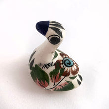 Load image into Gallery viewer, Beautiful Mexican Tonala miniature folk art pottery swan bird figurine. This hand painted figurine is white with a nicely detailed face in black and blue with the body in pink, blue, green and brown florals. Signed "MEX". In excellent condition, no chips or cracks. Measures approximately 1" x 1-3/8" x 1-5/8" tall