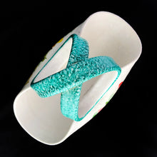Load image into Gallery viewer, This vintage mid-century hand crafted folded white ceramic pottery basket, features a matte white glaze hand painted with colourful flowers and topped with a uniquely shaped turquoise folded infinity handle. The pottery has a slight texture which adds to its charm. Made in Italy. It's just that gorgeous! In excellent condition, free from chips/cracks/repairs. Marked on the bottom with "671/159 Italy" Measures 8 7/8 x 4 3/4 x 6 1/2 inches