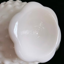 Load image into Gallery viewer, Vintage white milk glass is the epitome of simple elegance! This is a scalloped creamer and lidded sugar bowl in the "Hobnail" pattern. Produced by Fenton, post 1970. Marked. The creamer is in excellent condition, free from chips or cracks. The sugar bowl has a chip on the side of one of the scalloped points...it's not rough or really noticeable thanks to the piece being white. Creamer measures 4" 3-1/2", sugar w/ lid measures 4" x 4-3/4"