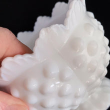 Load image into Gallery viewer, Vintage white milk glass is the epitome of simple elegance! This is a scalloped creamer and lidded sugar bowl in the "Hobnail" pattern. Produced by Fenton, post 1970. Marked. The creamer is in excellent condition, free from chips or cracks. The sugar bowl has a chip on the side of one of the scalloped points...it's not rough or really noticeable thanks to the piece being white. Creamer measures 4" 3-1/2", sugar w/ lid measures 4" x 4-3/4"