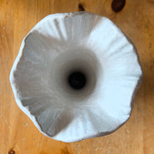 Load image into Gallery viewer, Pretty vintage ceramic flower vase with ruffled edge from the Cameo Line, shape 2512, decorated with white splatter over pale gray glaze. Produced by Shawnee Pottery, USA, 1950s. A wonderful gift for the Shawnee collector!
In great vintage condition, free from cracks/repairs with one minor chip to the rim (see photo).
Measures 4 1/2 x 8 3/4 inches