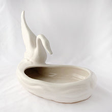 Load image into Gallery viewer, A lovely majestic white swan perched at the water's edge of this large white planter. The perfect home for a favourite houseplant or succulent, or use as a candy dish....so pretty! No makers mark, but likely made in the USA by American Bisque. In excellent condition, free from chips and cracks, slight crazing. Measures 11-1/2" x 6" x 8-1/2"