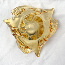 Load image into Gallery viewer, A stunning 3 point trillium shaped yellow art glass ashtray or bowl. This is a beautifully hand blown glass ashtray with lots of twists and turns of the glass. Makes a beautiful addition to home decor. Use as trinket dish, catchall, candy dish or as originally intended. Made by Lorraine Glass in Canada, circa 1970. It is absolutely spectacular piece of art glass! In excellent condition, no chips or cracks and the bottom is polished smooth. Measures 9" x 3-7/8"