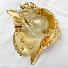 Load image into Gallery viewer, A stunning 3 point trillium shaped yellow art glass ashtray or bowl. This is a beautifully hand blown glass ashtray with lots of twists and turns of the glass. Makes a beautiful addition to home decor. Use as trinket dish, catchall, candy dish or as originally intended. Made by Lorraine Glass in Canada, circa 1970. It is absolutely spectacular piece of art glass! In excellent condition, no chips or cracks and the bottom is polished smooth. Measures 9" x 3-7/8"
