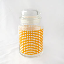 Load image into Gallery viewer, Vintage Gold Yellow Gingham Check Checkered Plaid Lidded Glass Jar with Bubble Top Retro Dry Food Storage Canister Kitchen Glassware Tableware Freelton Hamilton Antique Mall Toronto Canada Store Shop Community Seller Reseller Vendor
