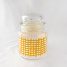 Load image into Gallery viewer, Vintage Gold Yellow Gingham Check Checkered Plaid Lidded Glass Jar with Bubble Top Retro Dry Food Storage Canister Kitchen Glassware Tableware Freelton Hamilton Antique Mall Toronto Canada Store Shop Community Seller Reseller Vendor