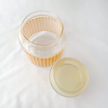 Load image into Gallery viewer, Vintage Gold Yellow Gingham Check Checkered Plaid Lidded Glass Jar with Bubble Top Retro Dry Food Storage Canister Kitchen Glassware Tableware Freelton Hamilton Antique Mall Toronto Canada Store Shop Community Seller Reseller Vendor