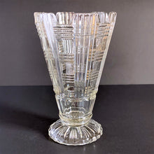 Load image into Gallery viewer, Vintage art deco Celery clear depression glass footed trumpet vase features a geometric basketweave pattern and square toothed rim (pattern #2593). Crafted by Sowerby Glass, England, 1930s. Create a lovely floral arrangement with this striking vase.
In excellent vintage condition, no chips.
Measures 5 x 8 inches