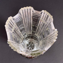 Load image into Gallery viewer, Vintage art deco Celery clear depression glass footed trumpet vase features a geometric basketweave pattern and square toothed rim (pattern #2593). Crafted by Sowerby Glass, England, 1930s. Create a lovely floral arrangement with this striking vase.
In excellent vintage condition, no chips.
Measures 5 x 8 inches