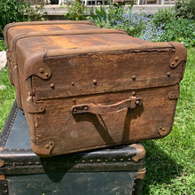 Load image into Gallery viewer, Antique Vintage Victorian Era Bentwood Steamer Trunk Canvas Overlay and Brass Locks Hardware Prop Hogwarts England Scotland Train Travel Vintage Toronto Canada repurpose project