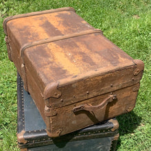 Load image into Gallery viewer, Antique Vintage Victorian Era Bentwood Steamer Trunk Canvas Overlay and Brass Locks Hardware Prop Hogwarts England Scotland Train Travel Vintage Toronto Canada repurpose project