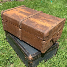 Load image into Gallery viewer, Antique Vintage Victorian Era Bentwood Steamer Trunk Canvas Overlay and Brass Locks Hardware Prop Hogwarts England Scotland Train Travel Vintage Toronto Canada repurpose project
