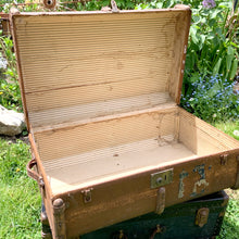 Load image into Gallery viewer, Antique Vintage Victorian Era Bentwood Steamer Trunk Canvas Overlay and Brass Locks Hardware Prop Hogwarts England Scotland Train Travel Vintage Toronto Canada repurpose project