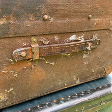 Load image into Gallery viewer, Antique Vintage Victorian Era Bentwood Steamer Trunk Canvas Overlay and Brass Locks Hardware Prop Hogwarts England Scotland Train Travel Vintage Toronto Canada repurpose project