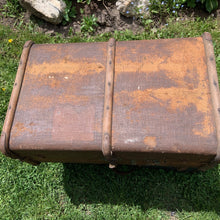 Load image into Gallery viewer, Antique Vintage Victorian Era Bentwood Steamer Trunk Canvas Overlay and Brass Locks Hardware Prop Hogwarts England Scotland Train Travel Vintage Toronto Canada repurpose project