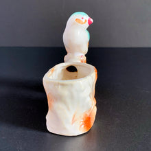 Load image into Gallery viewer, Vintage hand painted planter featuring an aqua and amber perched on a branch. Crafted in Japan, 1950s. A sweet decor piece for a small succulent, to hold toothpicks or matches.
In excellent condition, no chips. Marked Hand Painted Japan 1950s.
Measures 5 x 1 3/4 x 3 1/2 inches