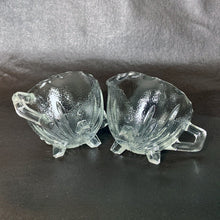 Load image into Gallery viewer, Bubbles and darts adorn this adorable "Burple-Inspiration-Clear" pressed glass art deco style creamer and sugar set. Crafted by Anchor Hocking, USA, circa 1930s. A Great addition to your tableware. Love the tiny feet too! In excellent condition, no chips or cracks.