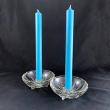 Load image into Gallery viewer, Elevate your tablescape with the fun, effervescent design of these vintage art deco clear pressed glass "Burple-Inspiration-Clear" candle holders, featuring a starburst accented with graduated bubbles. Crafted by Anchor Hocking, USA, circa 1930s. Perfect for adding ambience to your gathering! In excellent vintage condition, no chips or cracks. Measures 4 1/2 x 1 1/2 inches