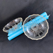 Load image into Gallery viewer, Elevate your tablescape with the fun, effervescent design of these vintage art deco clear pressed glass "Burple-Inspiration-Clear" candle holders, featuring a starburst accented with graduated bubbles. Crafted by Anchor Hocking, USA, circa 1930s. Perfect for adding ambience to your gathering! In excellent vintage condition, no chips or cracks. Measures 4 1/2 x 1 1/2 inches