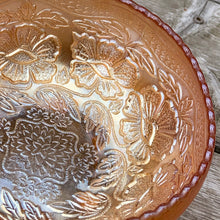 Load image into Gallery viewer, Jacks Daughter of All Trades Vintage Antique Retro Mid-Century Modern Kitsch Store Shop Reseller Etsy Shopify Toronto Canada Free Porch Pick Up Local Delivery Worldwide Shipping Judy Weinberg Unique Housewarming Hostess Sustainable Gift Home Decor Collectible Collector Mothers Day Farmhouse Cottage Core Shabby Chic Floral This vintage Two Flowers marigold carnival glass bowl