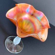 Load image into Gallery viewer, Vintage Sailboat marigold carnival glass footed pedestal compote featuring a iridescent orange ruffle-edged bowl embossed with sailboats and spiral stem. Crafted by Fenton Art Glass, USA, 1907 - 1925. A beautiful piece to add to your art glass collection!
In excellent condition, no chips.
Measures 6 x 6 inches
