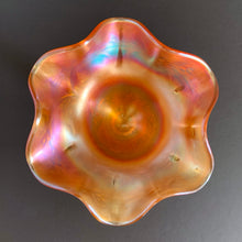 Load image into Gallery viewer, Vintage Sailboat marigold carnival glass footed pedestal compote featuring a iridescent orange ruffle-edged bowl embossed with sailboats and spiral stem. Crafted by Fenton Art Glass, USA, 1907 - 1925. A beautiful piece to add to your art glass collection!
In excellent condition, no chips.
Measures 6 x 6 inches