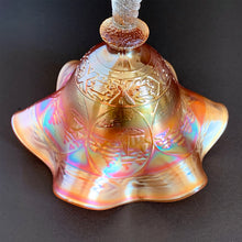 Load image into Gallery viewer, Vintage Sailboat marigold carnival glass footed pedestal compote featuring a iridescent orange ruffle-edged bowl embossed with sailboats and spiral stem. Crafted by Fenton Art Glass, USA, 1907 - 1925. A beautiful piece to add to your art glass collection!
In excellent condition, no chips.
Measures 6 x 6 inches