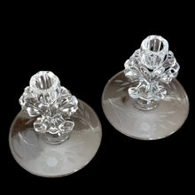 Load image into Gallery viewer, Jacks Daughter of All Trades Vintage Antique Mid-Century Kitsch Store Shop Reseller Etsy Shopify Toronto Canada Free Porch Pick Up Local Delivery Worldwide Shipping Judy Weinberg Unique Housewarming Gift Sustainable Gift Wedding Gift Home Decor Collectible Collector Gift Farmhouse Cottagecore Cottage Lodge Shabby Chic Pair WJ Hughes cut Corn Flower clear single lite candlesticks New Martinsville Glass Janice 1926 - 1970