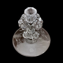 Load image into Gallery viewer, Pair of vintage cut Corn Flower glass clear single lite candlesticks on New Martinsville Glass Janice blanks. Crafted by WJ Hughes, Canada, 1926 - 1970. A lovely way to add sparkle and ambience to your decor.
In excellent condition, no chips.
Measures 5 x 5 1/2 inches