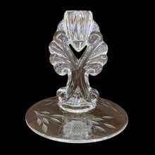 Load image into Gallery viewer, Pair of vintage cut Corn Flower glass clear single lite candlesticks on New Martinsville Glass Janice blanks. Crafted by WJ Hughes, Canada, 1926 - 1970. A lovely way to add sparkle and ambience to your decor.
In excellent condition, no chips.
Measures 5 x 5 1/2 inches