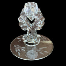 Load image into Gallery viewer, Pair of vintage cut Corn Flower glass clear single lite candlesticks on New Martinsville Glass Janice blanks. Crafted by WJ Hughes, Canada, 1926 - 1970. A lovely way to add sparkle and ambience to your decor.
In excellent condition, no chips.
Measures 5 x 5 1/2 inches