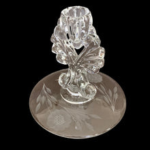 Load image into Gallery viewer, Pair of vintage cut Corn Flower glass clear single lite candlesticks on New Martinsville Glass Janice blanks. Crafted by WJ Hughes, Canada, 1926 - 1970. A lovely way to add sparkle and ambience to your decor.
In excellent condition, no chips.
Measures 5 x 5 1/2 inches