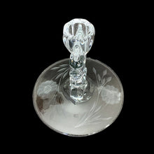 Load image into Gallery viewer, Pair of vintage cut Corn Flower glass clear single lite candlesticks on New Martinsville Glass Janice blanks. Crafted by WJ Hughes, Canada, 1926 - 1970. A lovely way to add sparkle and ambience to your decor.
In excellent condition, no chips.
Measures 5 x 5 1/2 inches