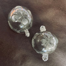 Load image into Gallery viewer, Elegant vintage cut glass creamer and sugar set, Gazebo shape, featuring two sets of 8-petalled flowers and leaf sprays, with hand blown glass wing-shaped handles, beaded rim and bun feet. Crafted by Paden City Glass Company, USA, 1940s. A unique set to grace your table!
In excellent condition, no chips.
Shape #555
Measures 3 inches