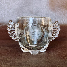 Load image into Gallery viewer, Elegant vintage cut glass creamer and sugar set, Gazebo shape, featuring two sets of 8-petalled flowers and leaf sprays, with hand blown glass wing-shaped handles, beaded rim and bun feet. Crafted by Paden City Glass Company, USA, 1940s. A unique set to grace your table!
In excellent condition, no chips.
Shape #555
Measures 3 inches