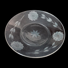 Load image into Gallery viewer, Vintage cut Corn Flower glass side plate features three 12-petalled flowers and leaf sprays with centre star. Crafted by WJ Hughes, Canada, 1950s. Easily mix and match this elegant plate with your dinnerware.
In excellent condition, no chips.
Measures 6 1/4 inches