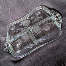Load image into Gallery viewer, Jacks Daughter of All Trades Vintage Antique Mid-Century Kitsch Store Shop Reseller Etsy Shopify Toronto Canada Free Porch Pick Up Local Delivery Worldwide Shipping Judy Weinberg Unique Housewarming Gift Sustainable Gift Wedding Gift Collectible Collector Gift Farmhouse Cottagecore Cottage Lodge Shabby Chic Art Deco cut crystal Corn Flower three-part handled relish dish New Martinsville Glass blank #37/4 WJ Hughes Canada 1950s bridal shower gift that will become a family heirloom tableware