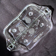 Load image into Gallery viewer, Vintage cut crystal Corn Flower three-part handled relish dish on New Martinsville Glass blank #37/4. Crafted by WJ Hughes, Canada, 1950s. Perfect for pickles, olives, pearl onions or other small pre-dinner yummies. Makes a lovely wedding, bridal shower or housewarming gift that will become a valued family heirloom.
In excellent condition, no chips.
Measures 12 3/4 x 8 x 2 1/2 inches